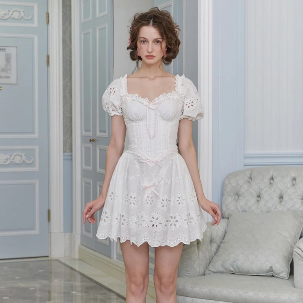 Limited Edition New Lacemade White Coquette Corset Dress with Removable Sleeves